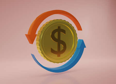3D render cash back icon with gold coin isolate on soft pink background. Cashback or Refund money...