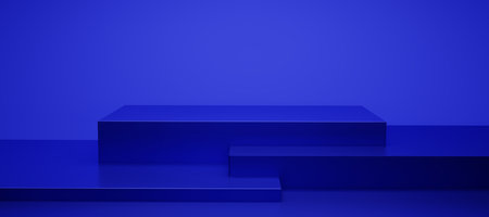 Metallic blue podium and gradient light background with studio  backdrops. Blank display or clean room for showing product. Minimalist mockup for dark blue podium display or showcase. 3D rendering.の写真素材