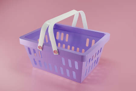 Purple supermarke basket or grocery Bucket with two white handles. Realistic shopping carts isolated on pink background. Empty shopping basket. 3D rendering.の写真素材