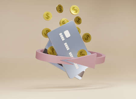 3D render cash back icon with gold coin and cradit cards isolate on beige background. cashback or Refund money service design. Online payment on beige background. Income, savings, investment, 3d renderの写真素材