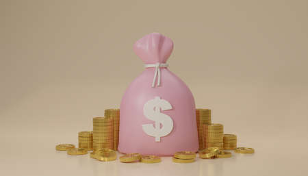 3D rendering  moneybag  simple cartoon. Money bag icon, Moneybags and Stack gold coins isolated on beige background. Cashless society concept. Growth, income, savings, investment, wealth. 3d rendering.の写真素材