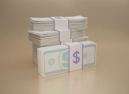 Bundles cash  on cream background. US Dollar bills bundles stack on beige background. Minimal  style...