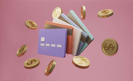 3D render credit cards and  gold coin isolate on pink background. Online payment concept on pink background. Income, money savings, investment, 3d rendering.の写真素材
