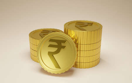 3D render Stack Indian rupee coins isolated on beige background. 3D rendering illustration.の写真素材