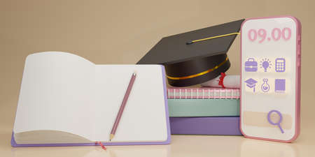 3D Graducate cap and diploma on books with smartphone design. E-learning, Digital Online Education Application for website and mobile website at home. Social distance concept. Copy space. 3d renderingの写真素材