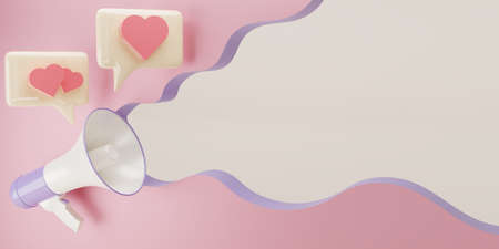 Purple megaphone loudspeaker isolate on pink background. magaphone with copy space for texts or...