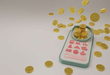 3D cash back icon with gold coin and smart phone isolate on white background. cashback or Refund money service design. Online payment on beige background. Income, savings, investment, 3d rendering.の写真素材