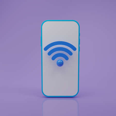 blue Wifi icon on smartphone isolated on purple background. Wifi sign. Wi Fi Wireless Network...