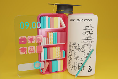 Smartphone  with book, bookshelf library, book lecture, graduation cap and pencil on yellow background.Online education on website and mobile application. Online training courses. 3d rendering.の写真素材