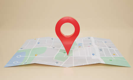 GPS. navigator pin checking  with map on beige background. Location pin, location map, location icon. 3d rendering illustration.の写真素材