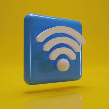 White on blue Wifi icon  isolated on yellow background. Wi Fi Wireless Network Symbol. 3d renderingの写真素材