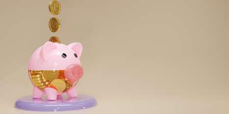The piggy bank was made of clear glass and plastic, falling and filled with gold coins.Saving  investment finance, banking concept. Growth, income, savings, investment. Symbol of wealth. 3d rending.の写真素材