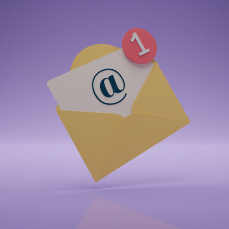 Yellow Mail or E-mail isolated on purple background. Mail envelope icon.  Mail notification with red...