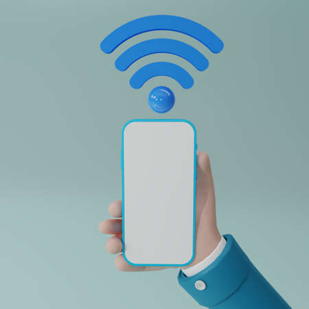 3D render Blue Wifi icon over smartphone in hand isolated on blue background. Wifi sign. Wi Fi...