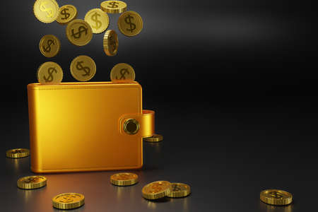 3d gold  Wallet and gold coins on dark background. Falling  coins and yellow purse. Cashless society...