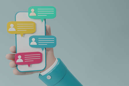 Smart phone chat message notifications with copy space for texts or message. Hand holding mobile phone with speech bubbles displaying on screen online chatting with friends. 3d rendering illustration.の写真素材