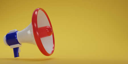 Red and blue megaphone isolate on yellow background with copy space for texts. Loudspeaker on yellow background. 3D render magaphone. 3D rendering.の写真素材