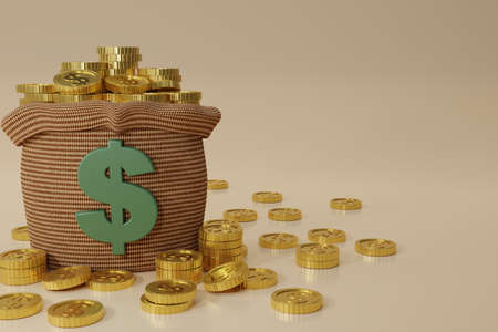 3D rendering  moneybag  simple cartoon. Money bag icon,  Moneybag and  coins isolated on beige...