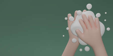 Washing hands with soap with copy space for texts isolated on green background. Hand wash icon. Clean hands sign to prevent virus and bacteria. Hygiene concept. 3D rendering.の写真素材