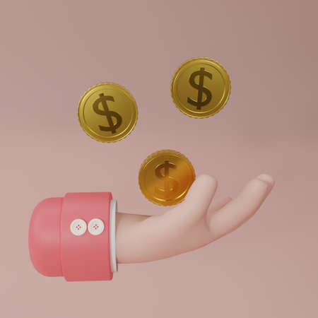 Gold coins over hand icon isolate on pink background. Growth, income, savings, investment. Symbol of...