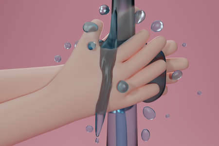 Washing hands with soap under water tap. isolated on pink background. Hand wash icon. Clean hands sign to prevent virus and bacteria. Hygiene concept. 3D rendering.の写真素材