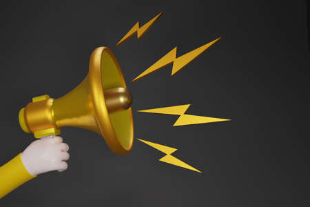 Businessman hand holding gold megaphone  loudspeaker  isolate on dark background. Golden Magaphone with copy space for texts or message. 3d rendering illustration.の写真素材