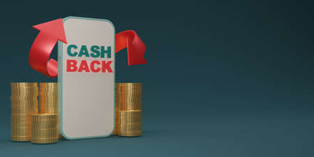 Cash back icon with gold coin and smart phone isolate on dark blue background. cashback or Refund money service design. Online payment with copy space. Income, savings, investment, 3d rendering.の写真素材