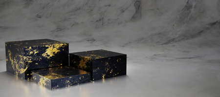 3D render cube podium made of black marble with gold texture in gray blackground. Blank display or clean room for showing product. Minimalist mockup for podium with copy space for texts. 3D rendering.の写真素材