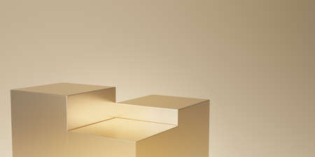 3D render gold cube podium  in gold or beige blackground. 3D gold Blank display or clean room for...