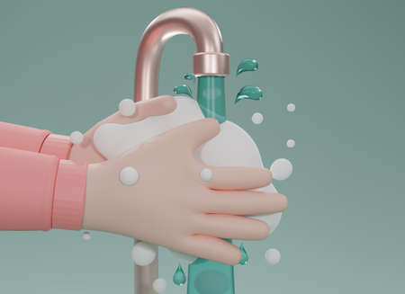 Washing hands with soap under water tap. isolated on green background. Hand wash icon. Clean hands sign to prevent virus and bacteria. Hygiene concept. 3D rendering.の写真素材