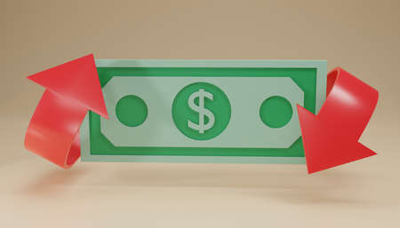 3D render cash back icon with  dollar cash sign isolate on soft beige background. Cashback or Refund money service design.Banknotes Online payment. Income, savings, investment, 3d rendering.の写真素材