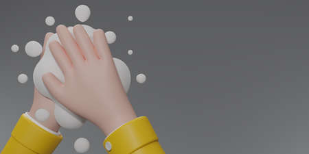 Washing hands with soap isolated on gray background. Hand wash icon. Clean hands sign to prevent virus and bacteria. Hygiene concept. 3D rendering.の写真素材
