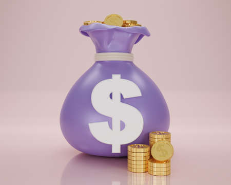 3D rendering  moneybag  simple cartoon with gold coins. purple money bag icon, Moneybag isolated on...