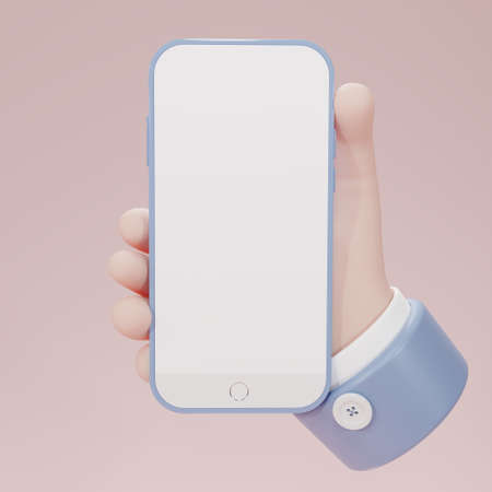 3D render Hand holding blue smartphone  with white screen  in cartoon style isolated on pink background. Hand & moble phone icon. Copy space on white screen. 3D rendering.の写真素材