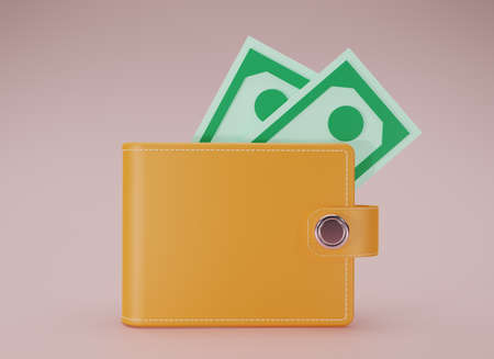 Yellow leather wallet with dollars Banknote. 3d render with yellow purse and cash on pink backgroung. 3D rendering style. Business and money-saving, cashless society concept.の写真素材