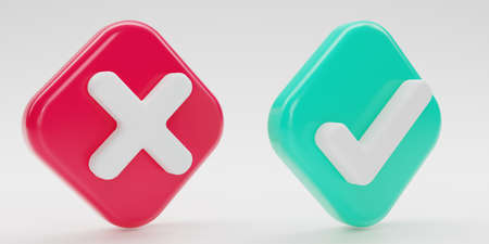 3D render Checkmark and X mark icon set. Checkmark right symbol, tick sign. check and uncheck for...