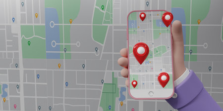 Red pin checking  on map in pink smartphone with hand. Hand holding mobile phone on map background....