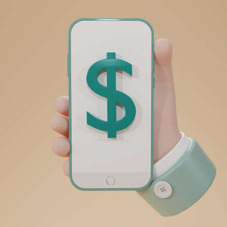 3D rendering dollar sign on smartphone icon isolate on cream background. Concept for modern mobile. technology for business online in internet.Online payment, Income, savings, investment, 3d renderingの写真素材