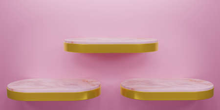 Empty 3 gold and pink marble shelves on pink wall. Pink Oval marble and gold sheet. Pedestal. Blank display for showing product. Copy space. Minimalist mockup for showcase. 3D rendering illustration.の写真素材