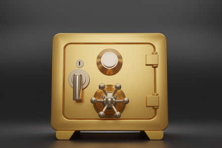 Golden safe box font view on dark background. closed gold safe box. Realistic metal safe. Close...