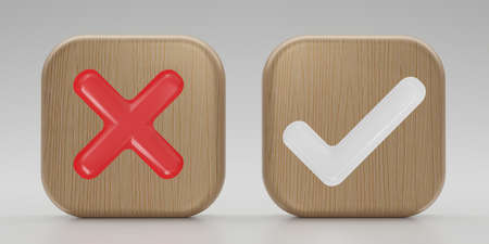 3D render wood Checkmark and X mark icon set. Checkmark right symbolk, tick sign. check and uncheck for web and mobile apps. 3D rendering illustration.の写真素材