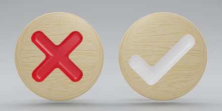 3D render wood Checkmark and X mark icon set. Checkmark right symbolk, tick sign. check and uncheck for web and mobile apps. 3D rendering illustration.の写真素材