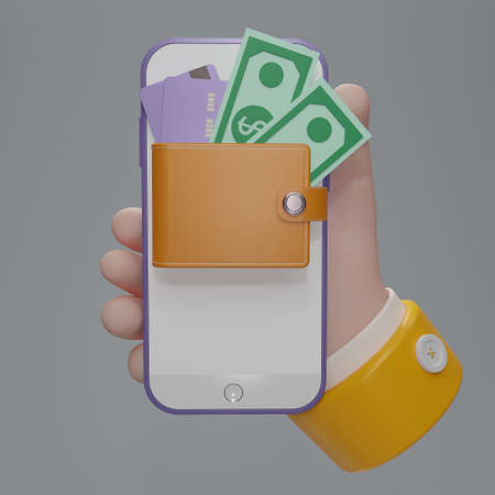 3D render minimal Yellow leather wallet with dollars Banknotes and cradit cards icon on purple smart phone or smartphone in hand.  Purse and cash icons on mobile phone. cash app. 3D rendering.の写真素材
