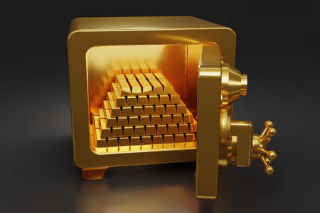 3D render gold bars in golden safe box  on dark background. Opened vault box. Realistic metal safe....