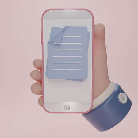 3D render minimal Document icon  isolate on pink smart phone or smartphone in hand. Blue contract...