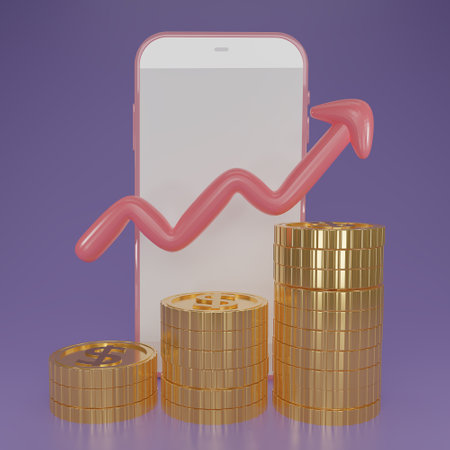 3D render minimal Stack of golden dollar coins like income graph, growth graph on pink smart phone or smartphone. 3d realistic coins icons and graph on mobile phone on purple background. 3D rendering.の写真素材