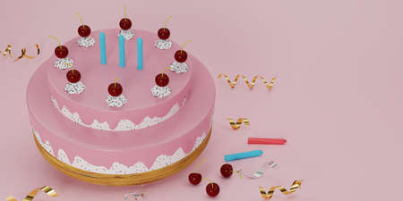 3D render cute birthday  Strawberry Cake and decoration with blue candle on blue background. Cake...