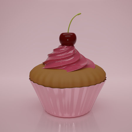 3D render tasty cupcake on pink background. Delicious Cupcake for party, birthday. Cherry  cupcake with whipped strawberry cream. 3D rendering illustration.の写真素材