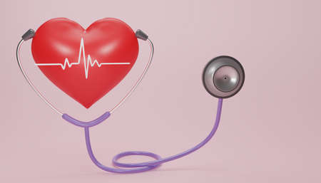 3D render red heart with a medical stethoscope isolate on pink background. Blood pressure control....
