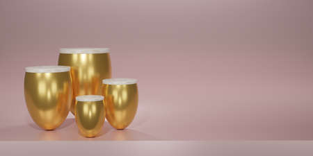 Shiny gold with white marble round pedestal or podium in studio backdrops. Blank display or for showing product. Copy space. Minimalist mockup for podium display or showcase. Copy space. 3D rendering.の写真素材
